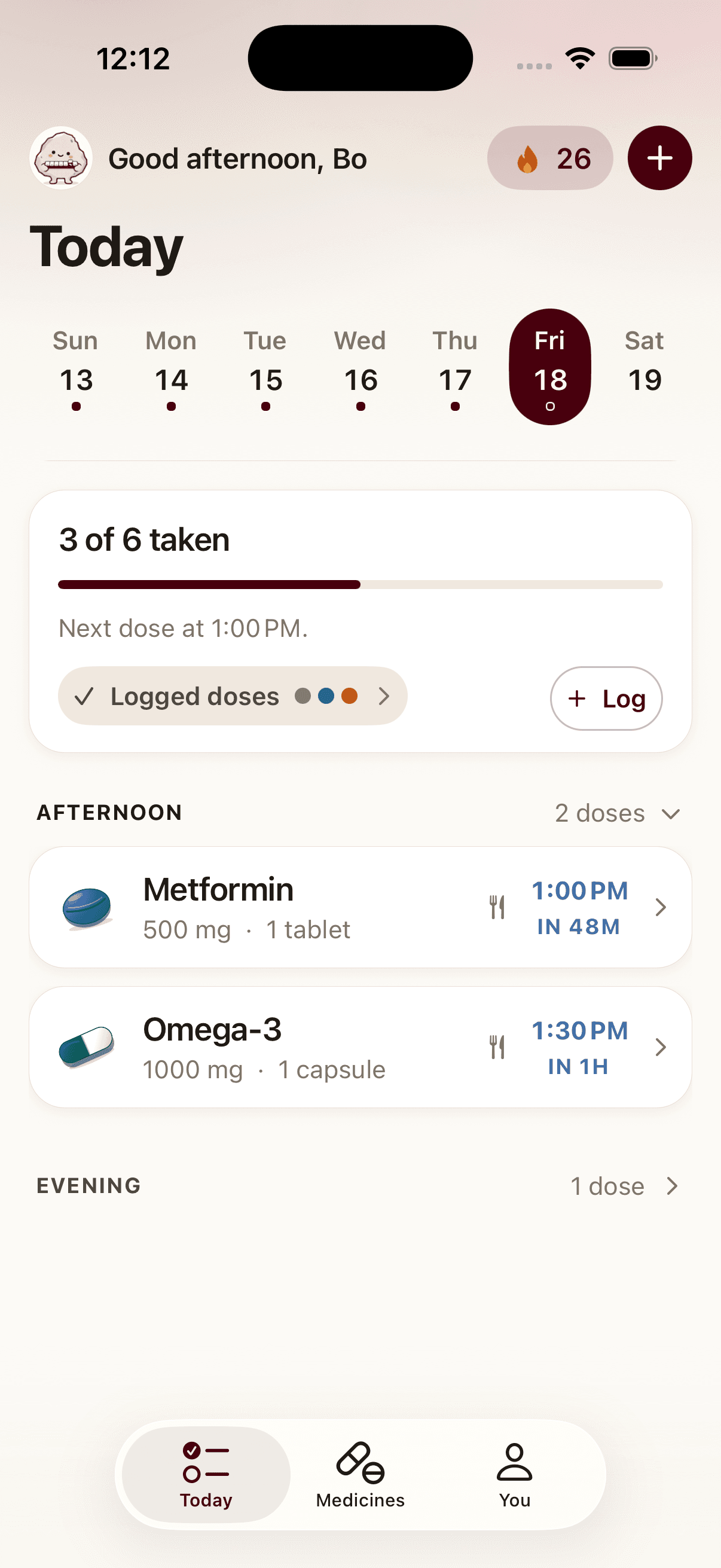 Pillbo’s Today screen showing three of six doses taken and the next medicines due this afternoon.